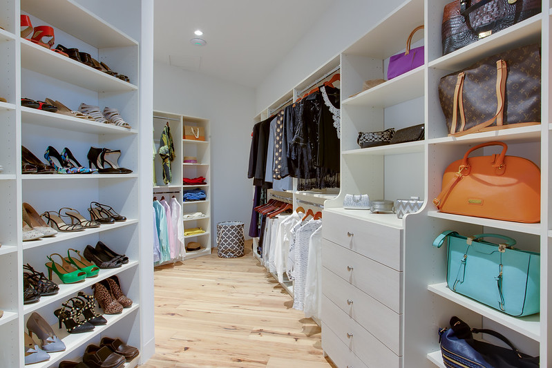 Custom closet with open shelves.